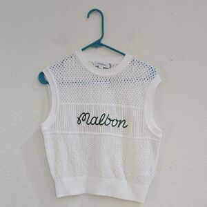 White Knit Sleeveless Top with Green Logo